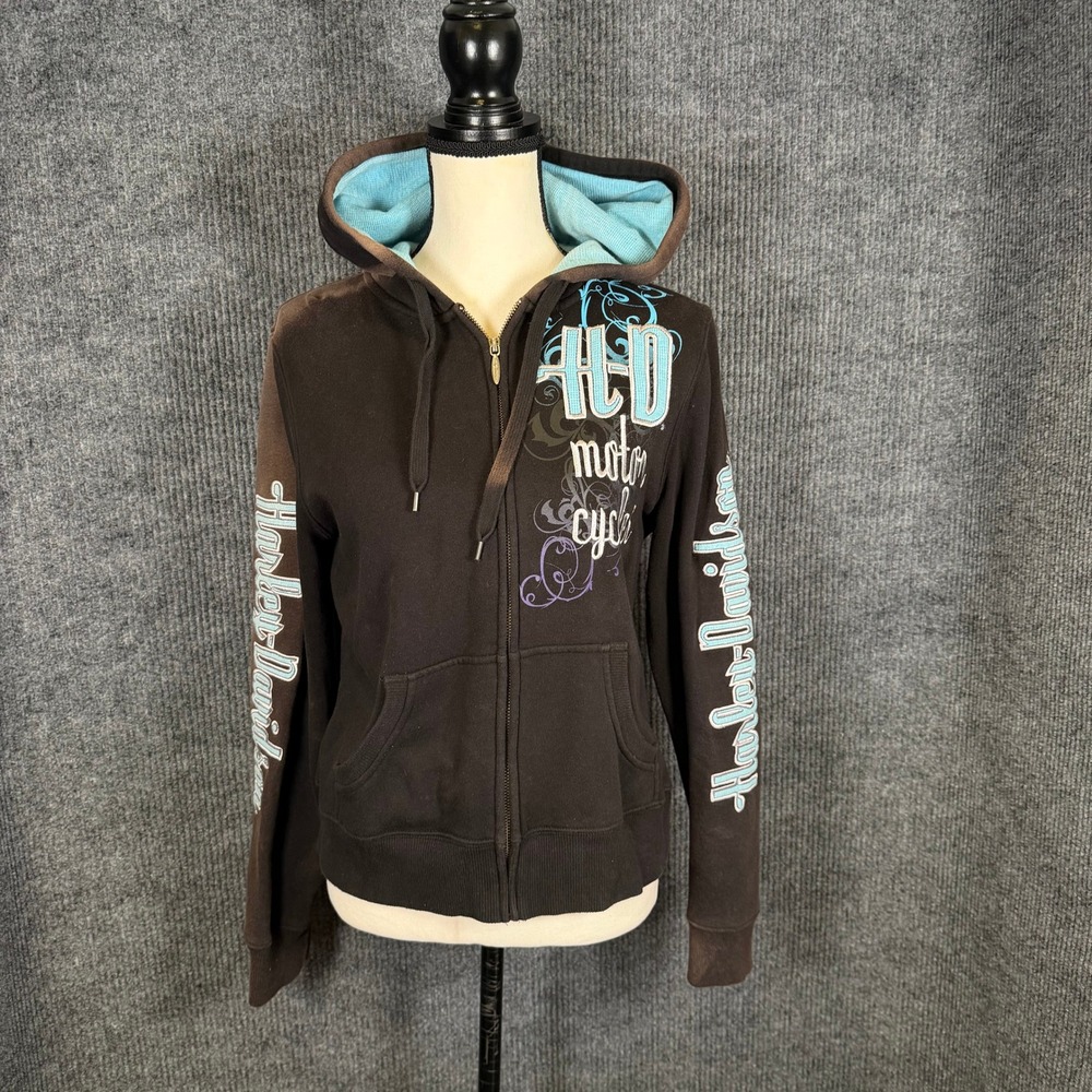 Harley Davidson Womens Hoodie L Faded Thrashed Black Blue Biker Grunge Zip Up